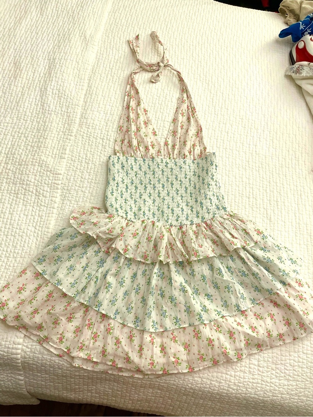 NEW! Altar'd State Floral Halter Tiered Mini Dress in Cream, Pink & Blue